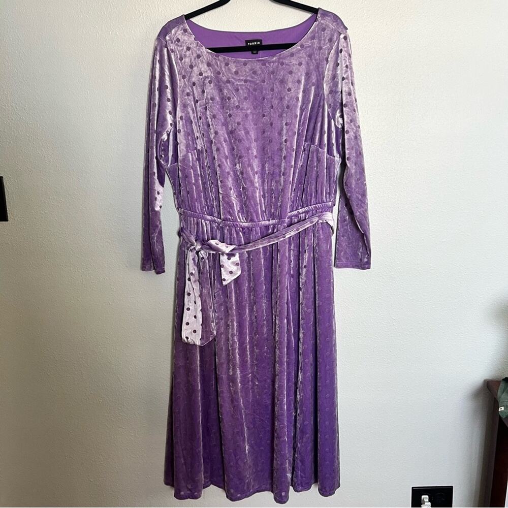 New Torrid Purple Velour Polkadot Tie Waist Midi Long Sleeve Dress Womens sz 1X